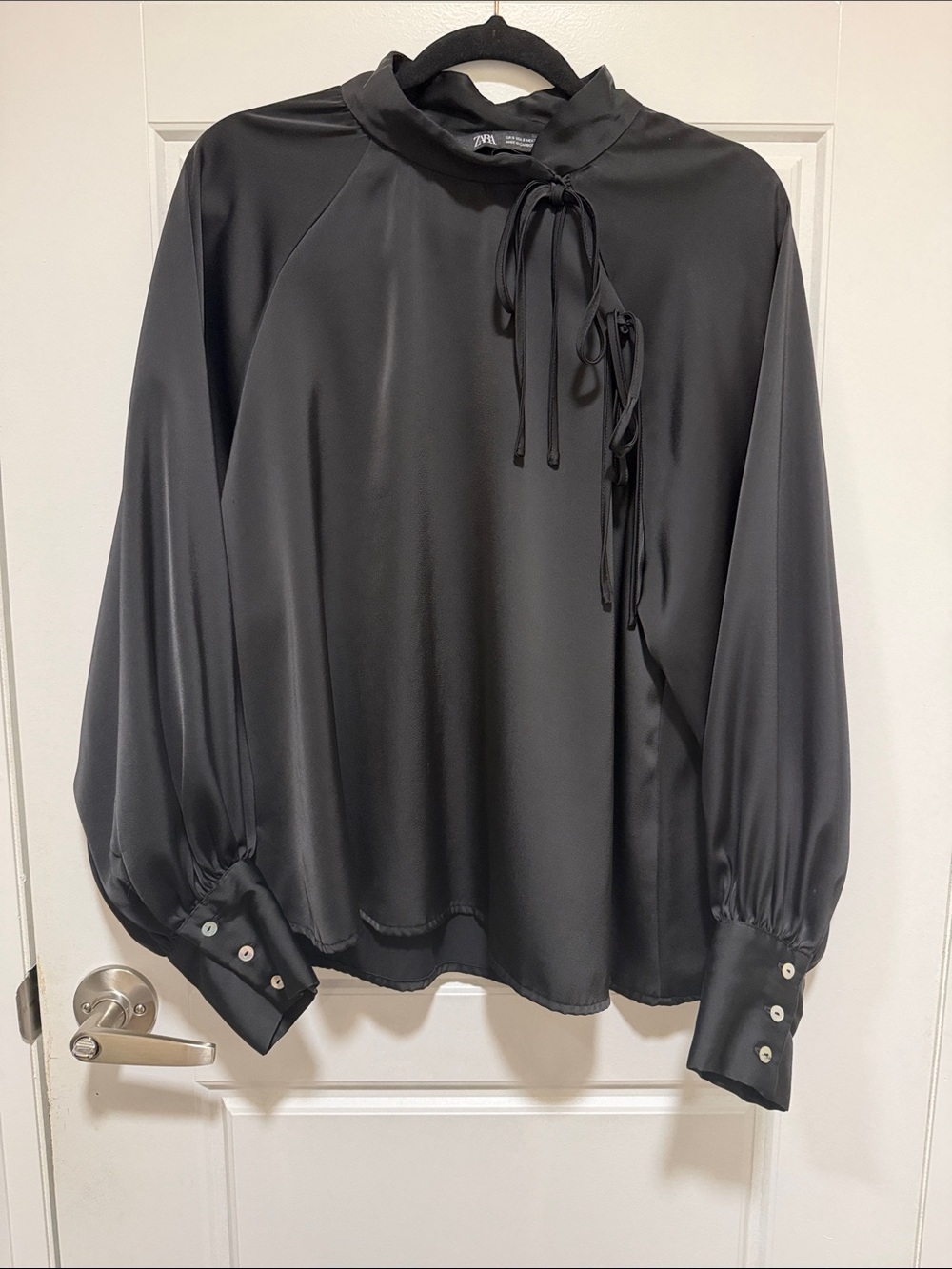 Zara Black Satin Tie-Neck Blouse with Button Cuffs- small
